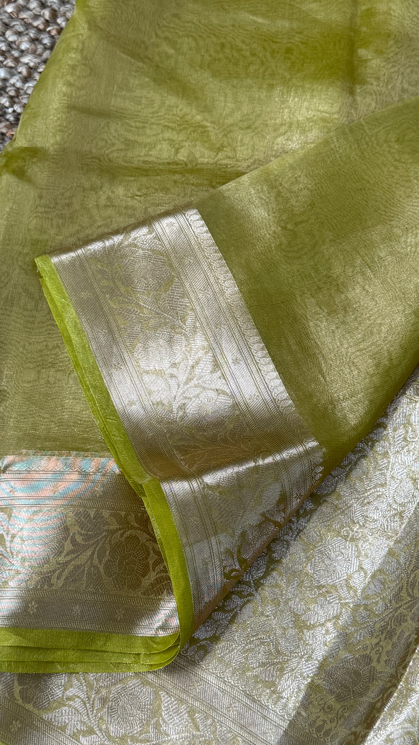 Pure Tissue Silk Saree in Light Olive Green with Banarasi Gold Zari Border