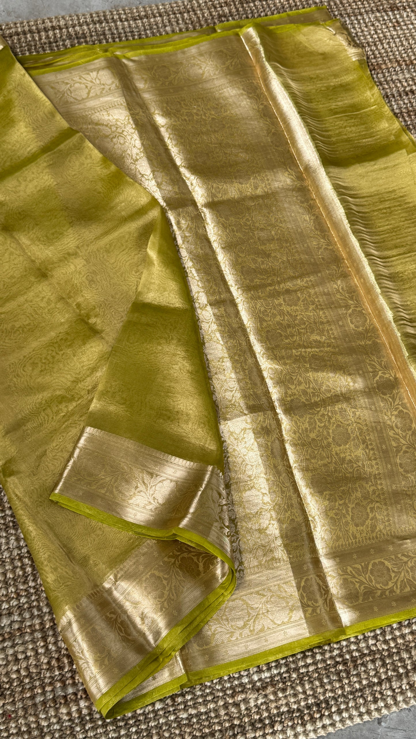 Pure Tissue Silk Saree in Light Olive Green with Banarasi Gold Zari Border