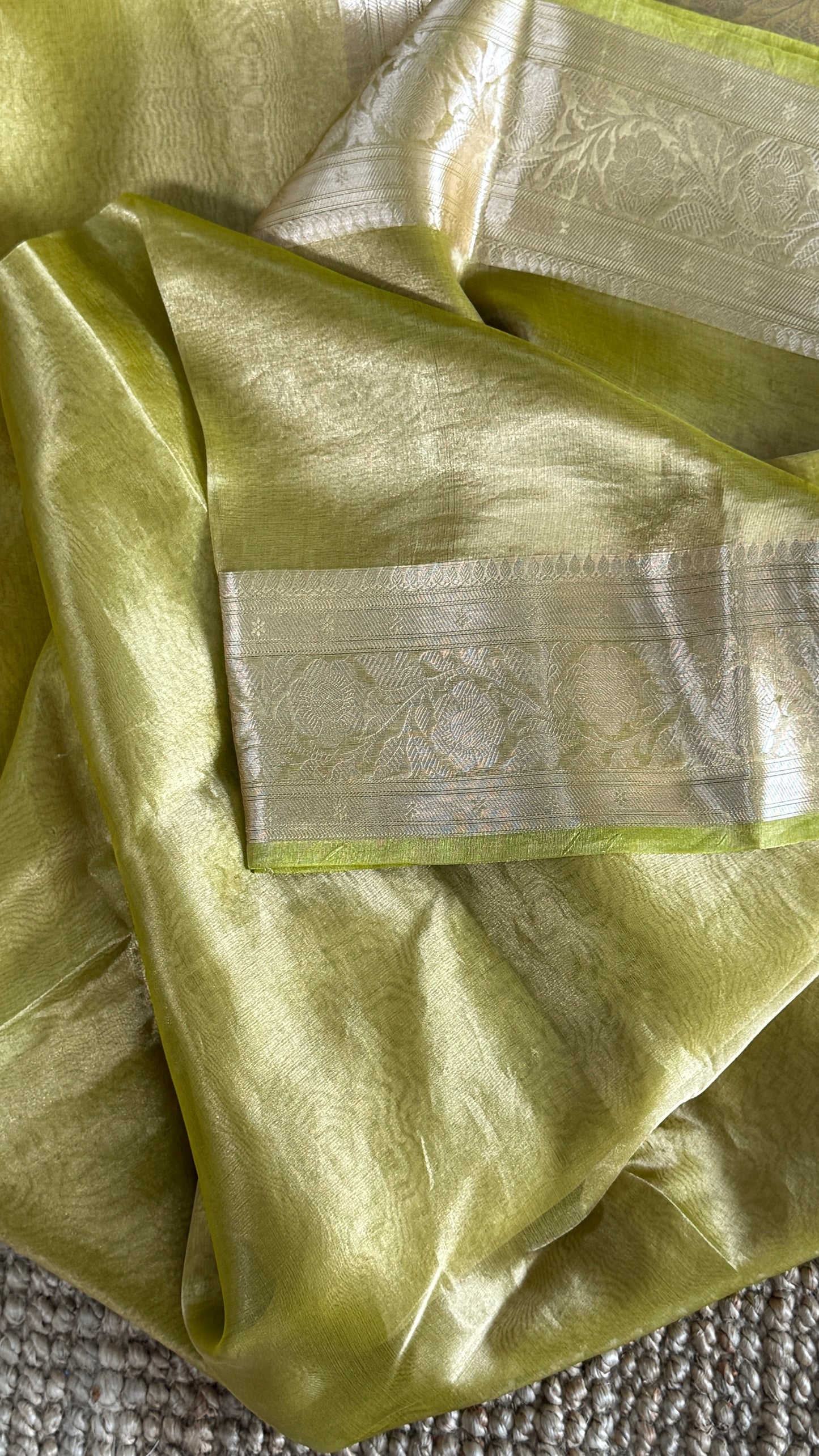 Pure Tissue Silk Saree in Light Olive Green with Banarasi Gold Zari Border