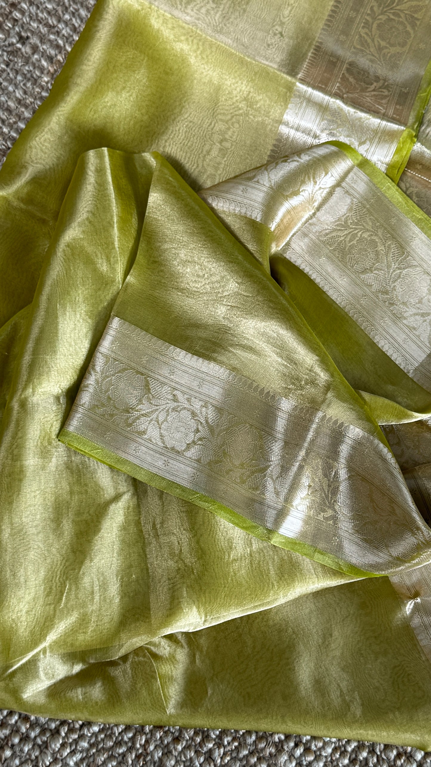 Pure Tissue Silk Saree in Light Olive Green with Banarasi Gold Zari Border