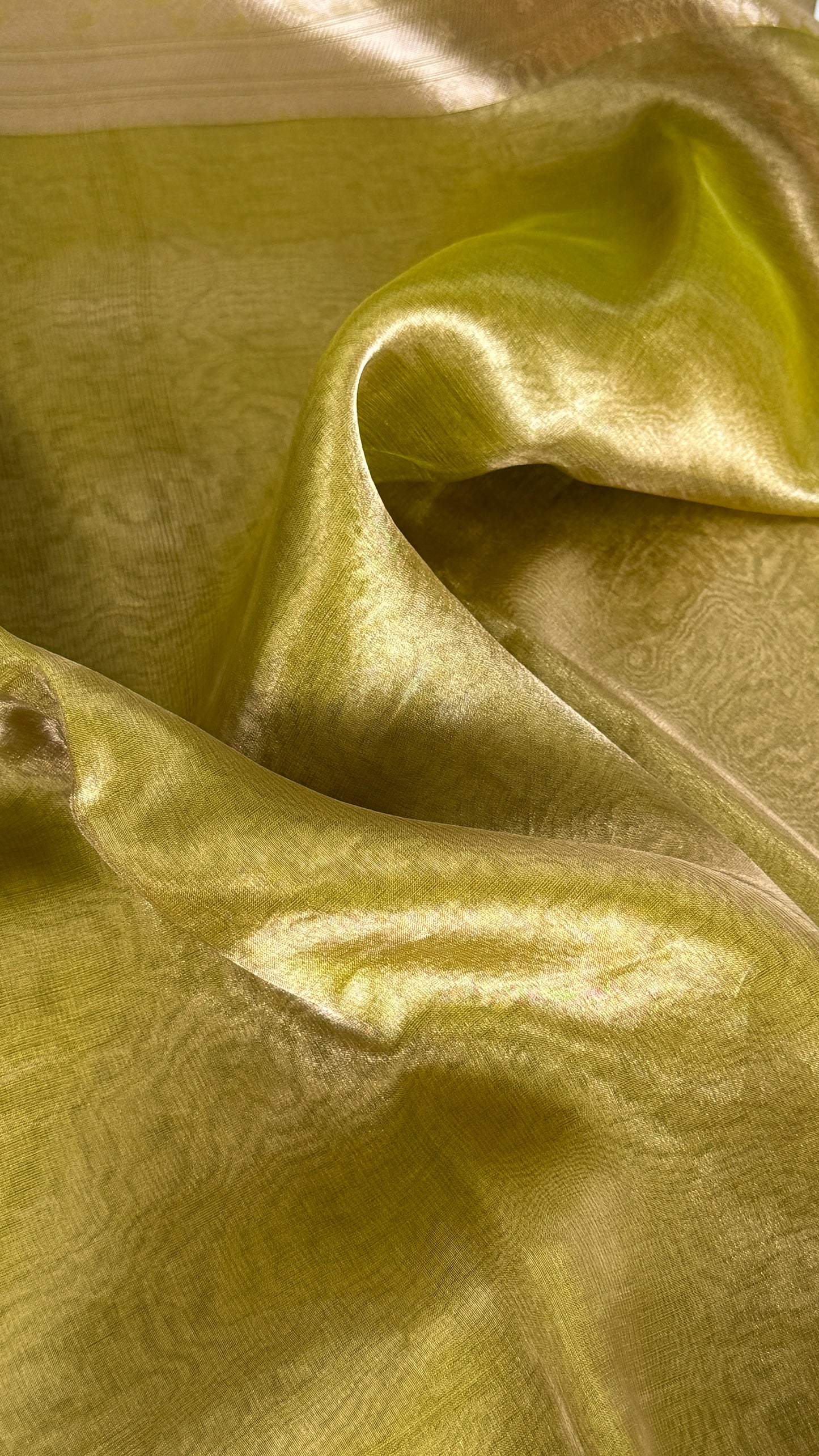 Pure Tissue Silk Saree in Light Olive Green with Banarasi Gold Zari Border