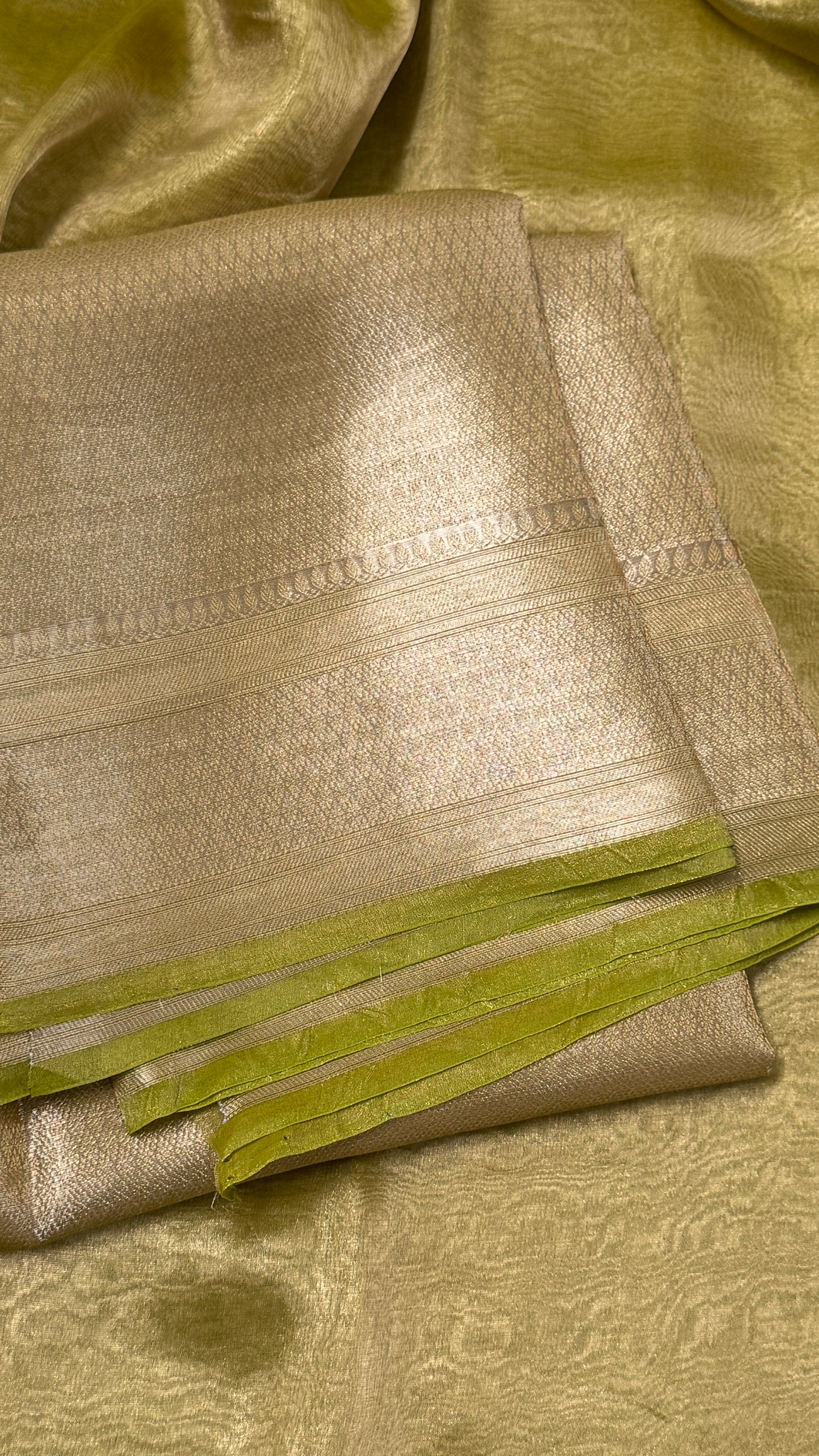 Pure Tissue Silk Saree in Light Olive Green with Banarasi Gold Zari Border