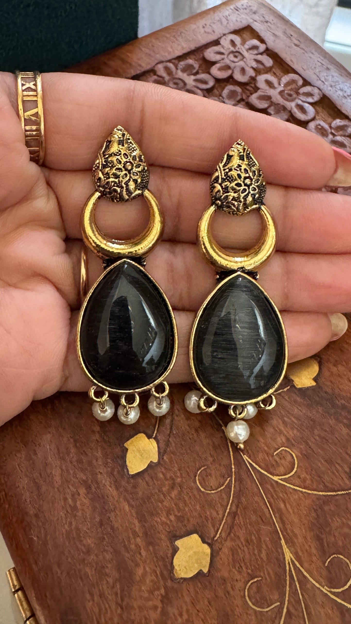 Antique Black Gold Finish Jhumka with Black Stone and Pearl Drops