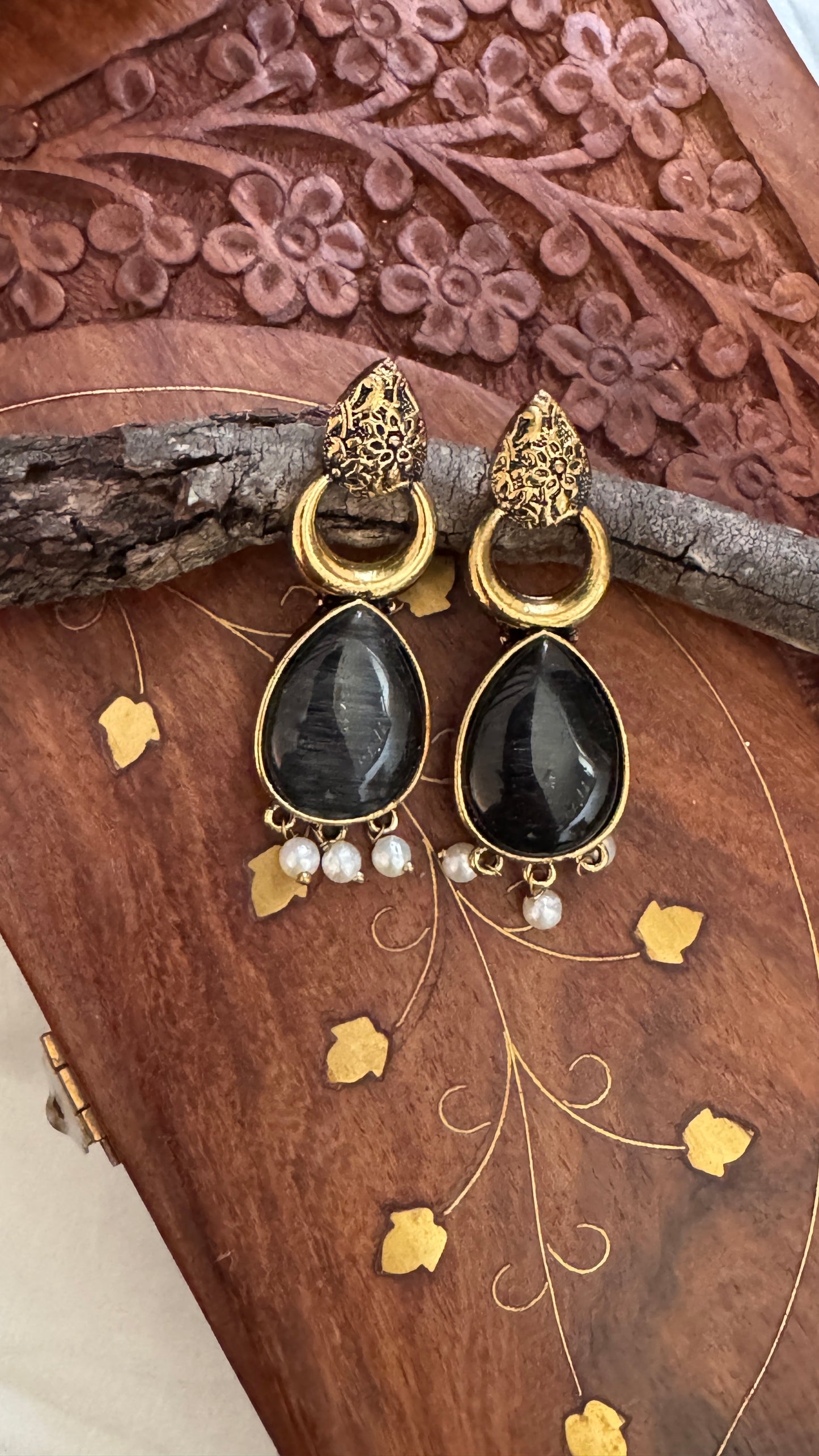 Antique Black Gold Finish Jhumka with Black Stone and Pearl Drops