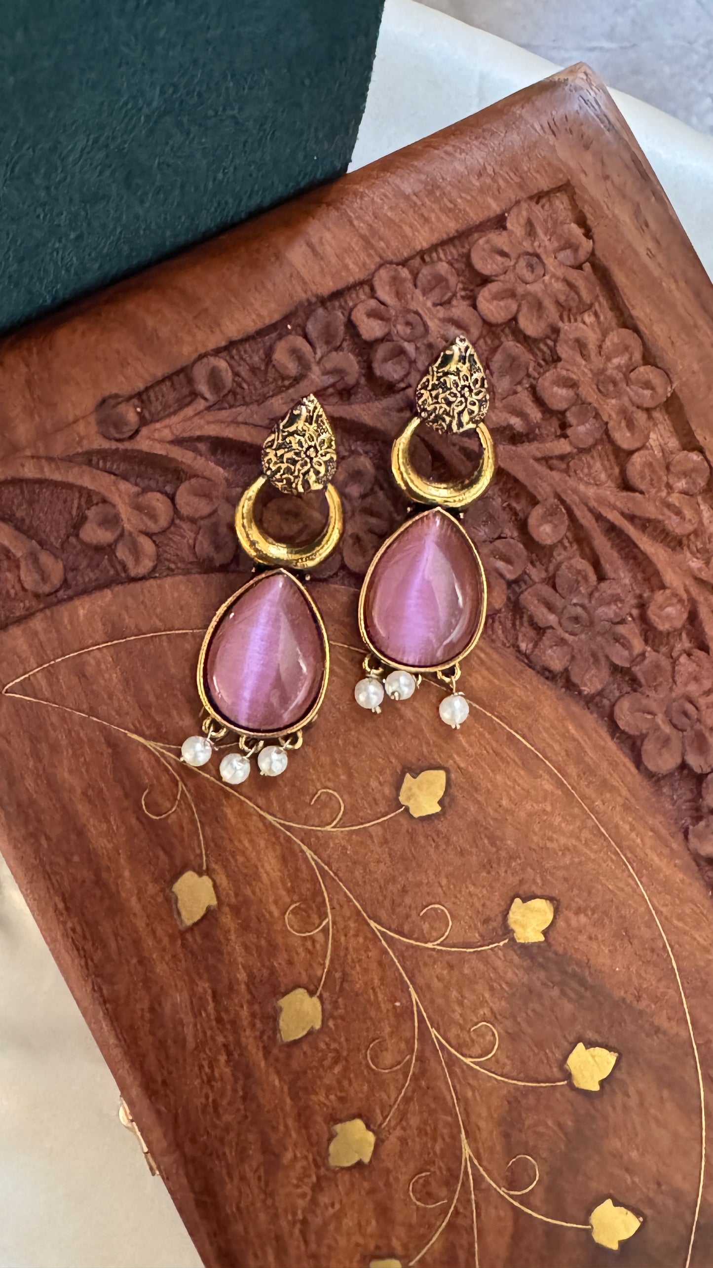 Antique Black Gold Finish Jhumka with Blush Pink Stone and Pearl Drops