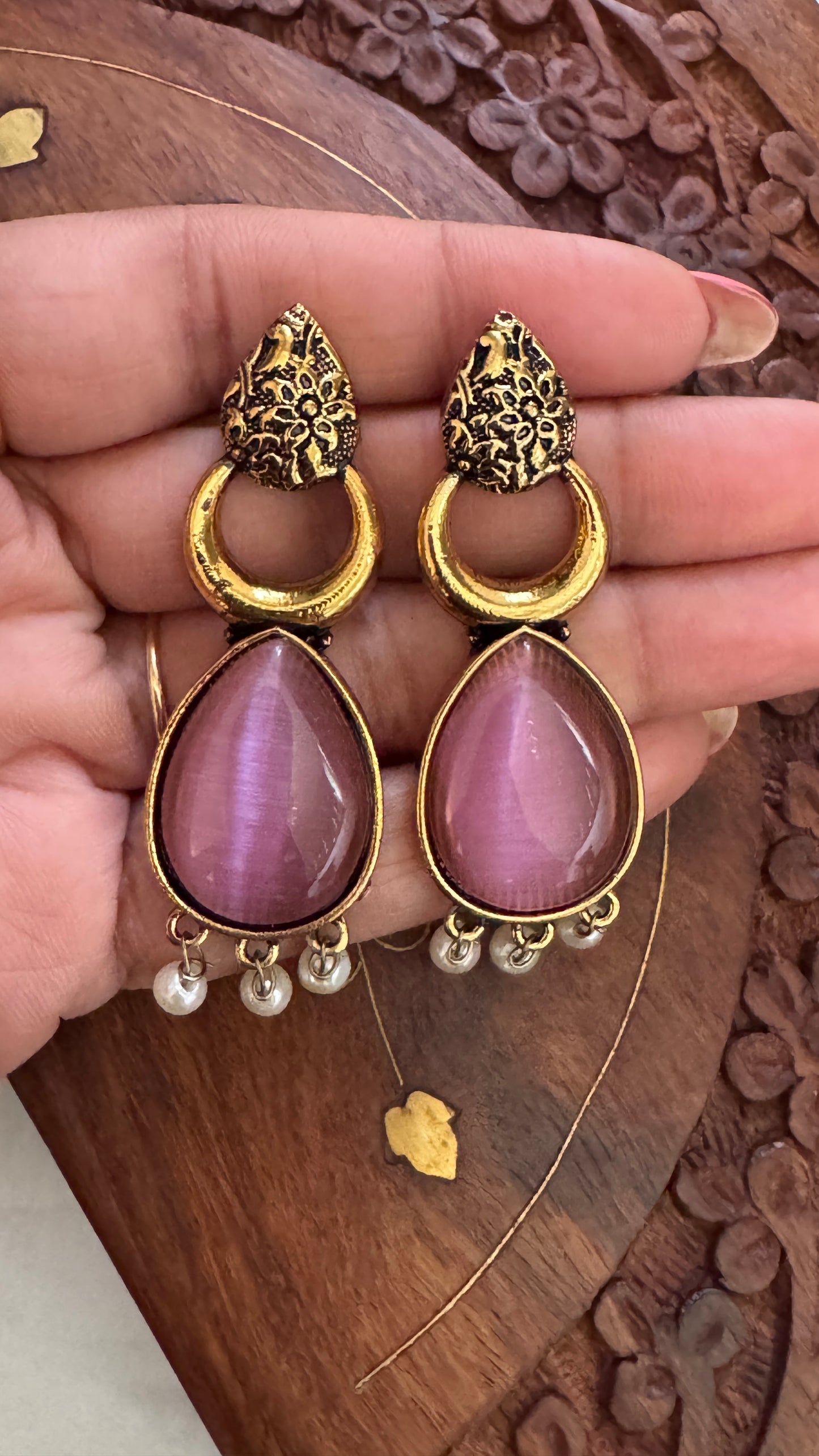 Antique Black Gold Finish Jhumka with Blush Pink Stone and Pearl Drops