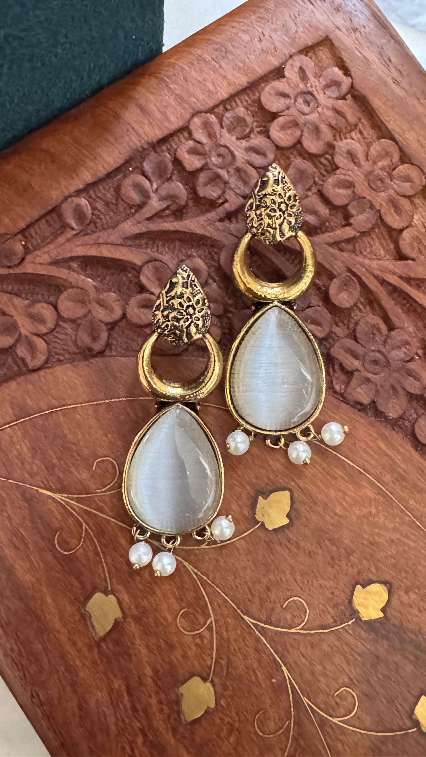 Antique Black Gold Finish Jhumka with White Stone and Pearl Drops