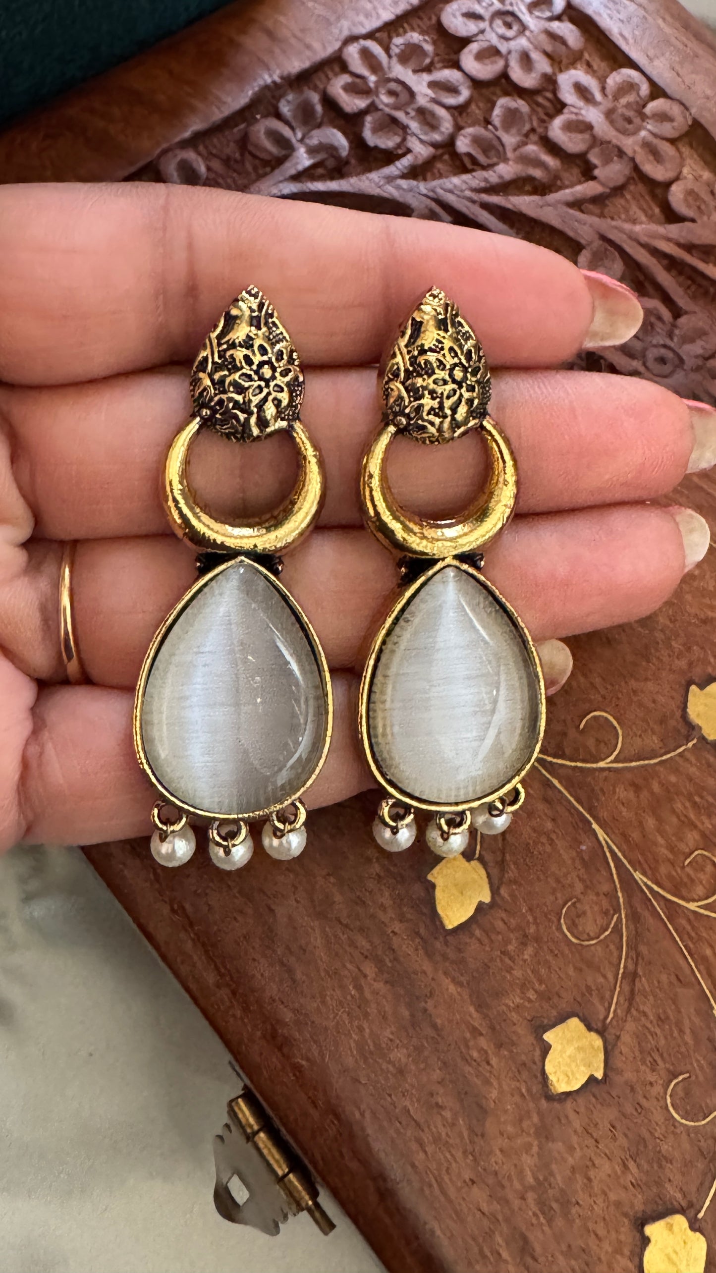 Antique Black Gold Finish Jhumka with White Stone and Pearl Drops
