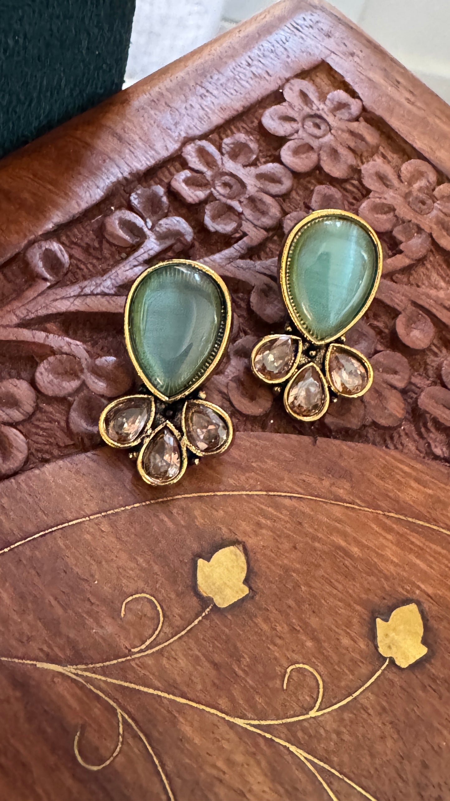 Antique Black Gold Finish Stud with Mint Green Stone stud