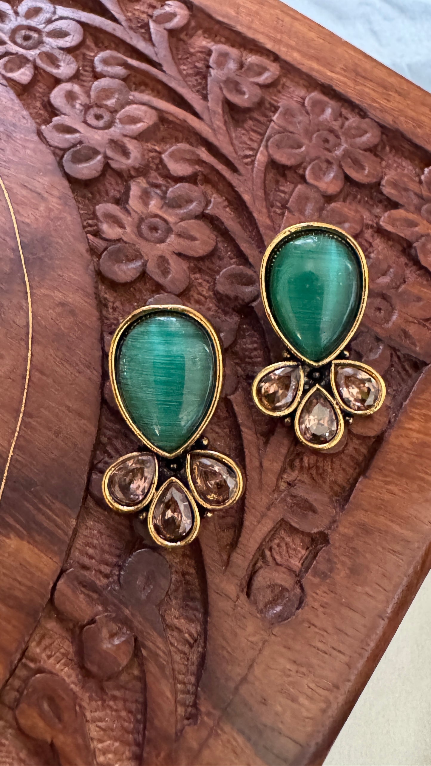 Antique Black Gold Finish Stud with Sea Green Stone stud