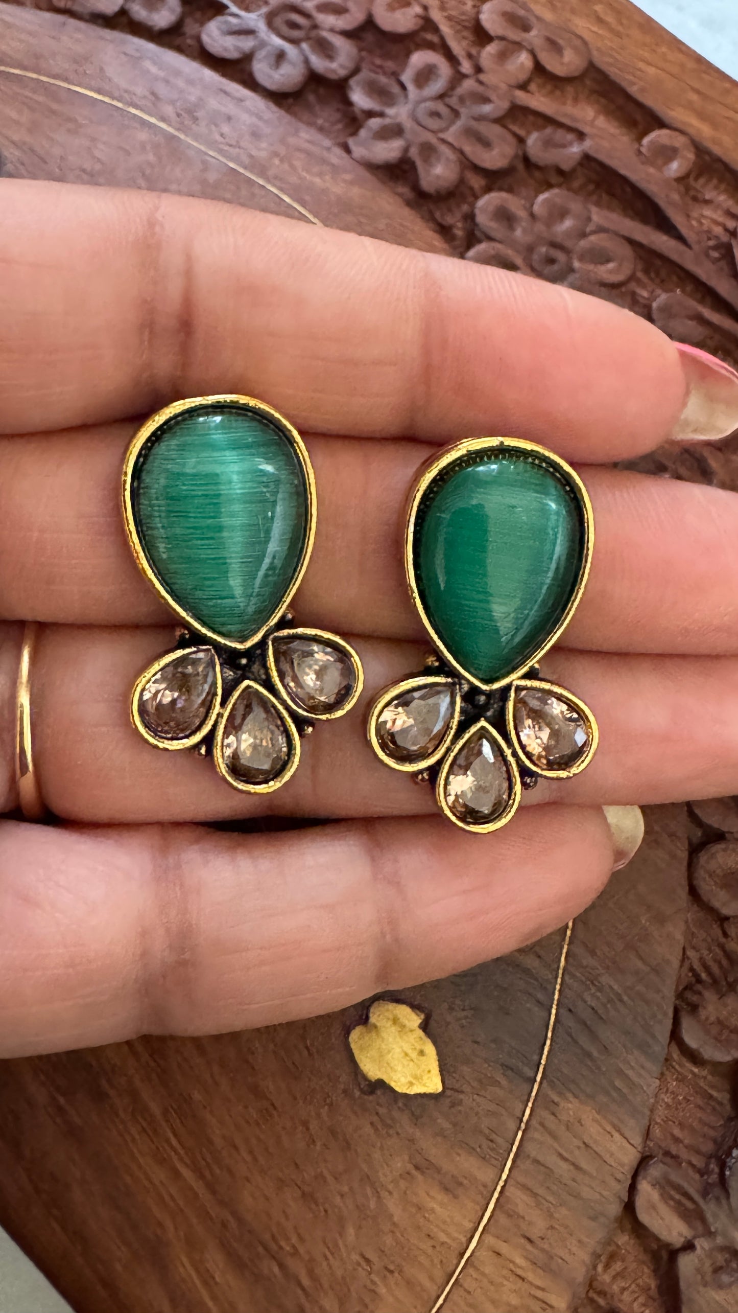 Antique Black Gold Finish Stud with Sea Green Stone stud