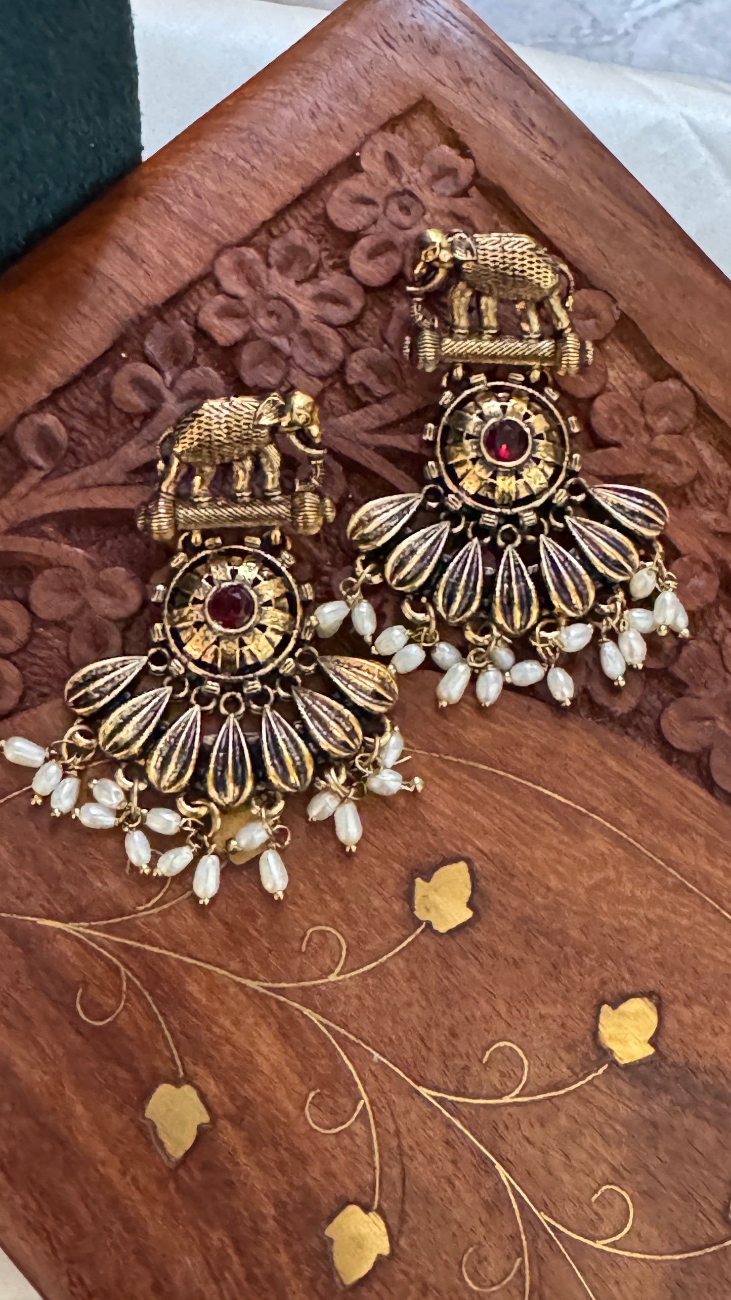 Gorgeous Designer Elephant Hangings Set - Red Stone with Rice pearls