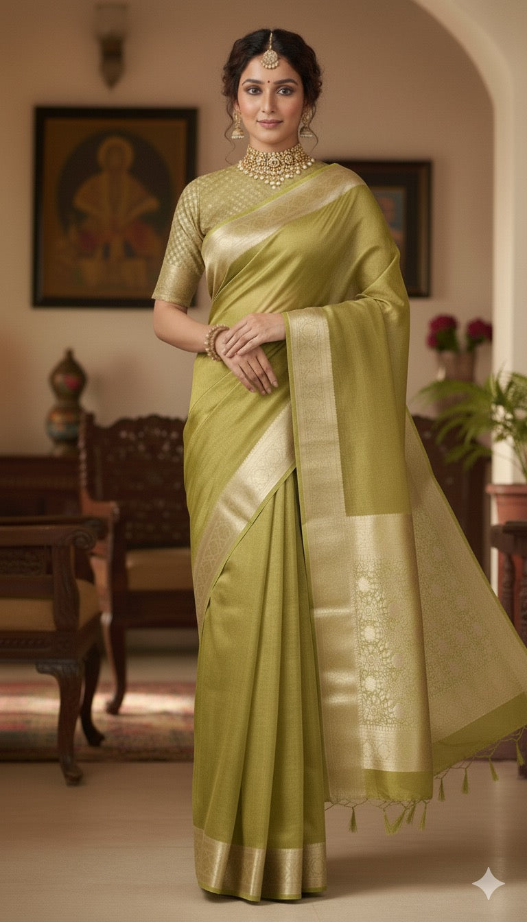 Pure Tissue Silk Saree in Light Olive Green with Banarasi Gold Zari Border