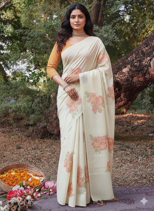 Pure Khadi Handloom Cotton Saree β Borderless Red with Orange & Red Floral Weave