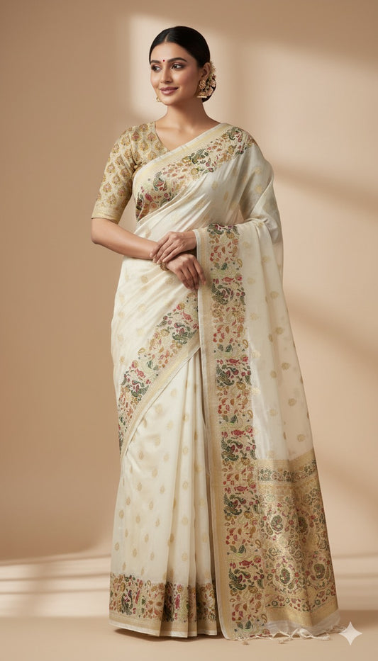 Soft Tissue Silk Saree β Elegant Half-white with Intricate Zari Weaving