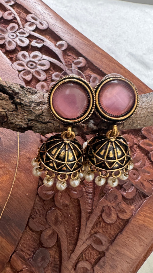 Antique Black Gold Finish Jhumka with Blush Pink Stone