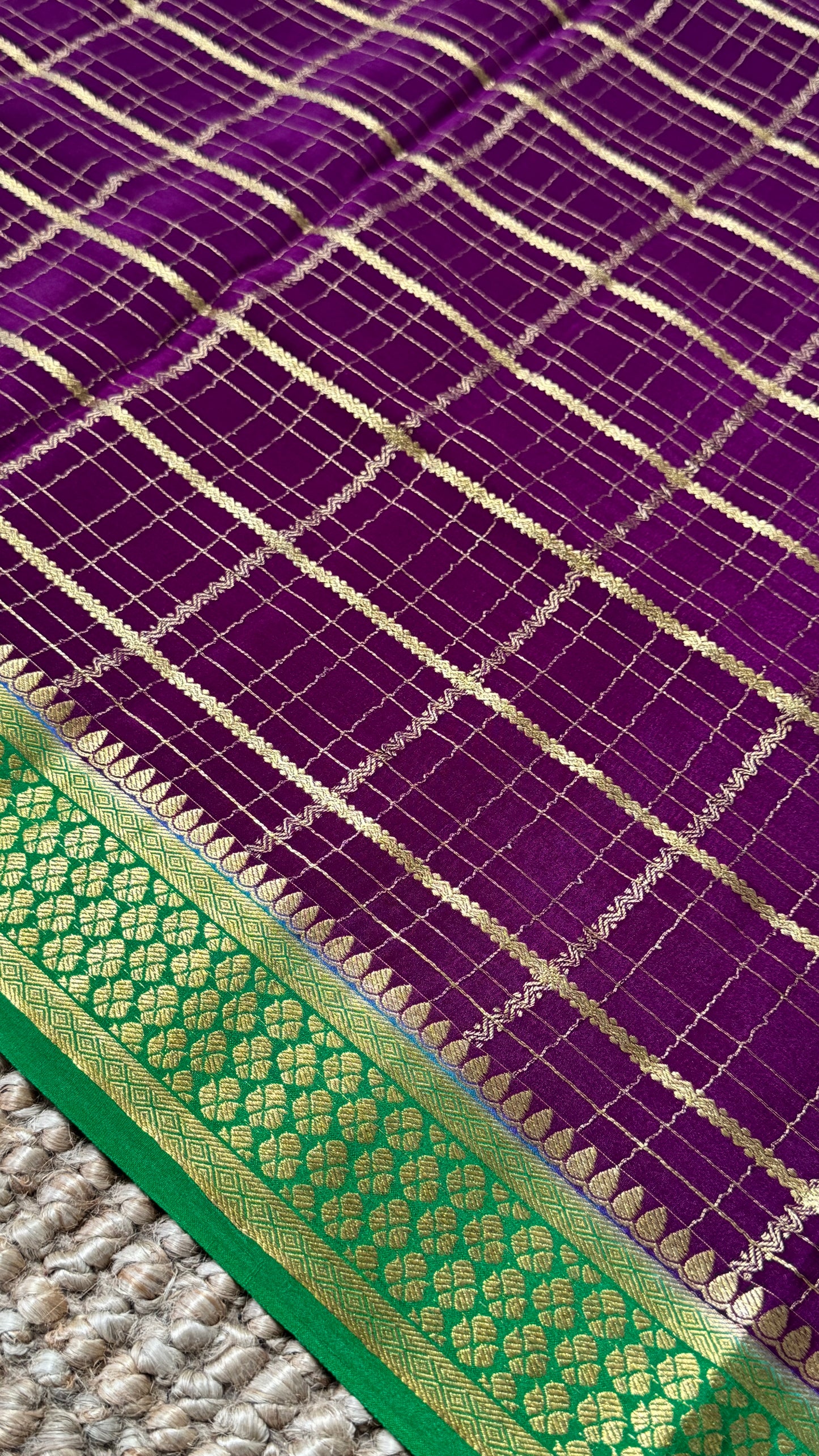 Pure Mysore Checkered Silk Sarees - Purple with Green Border