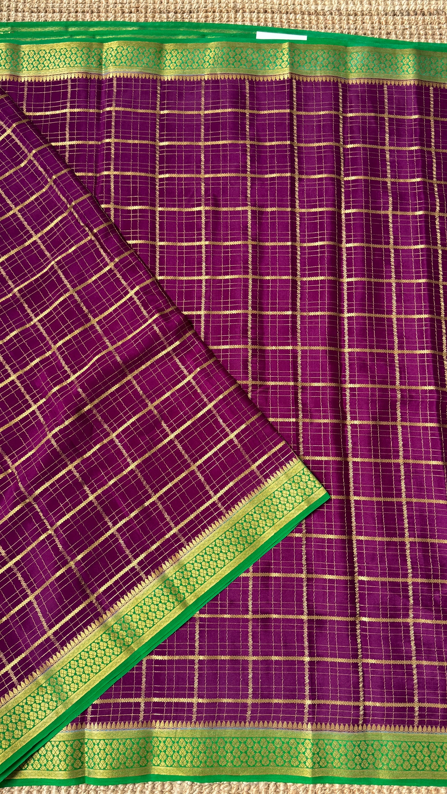 Pure Mysore Checkered Silk Sarees - Purple with Green Border