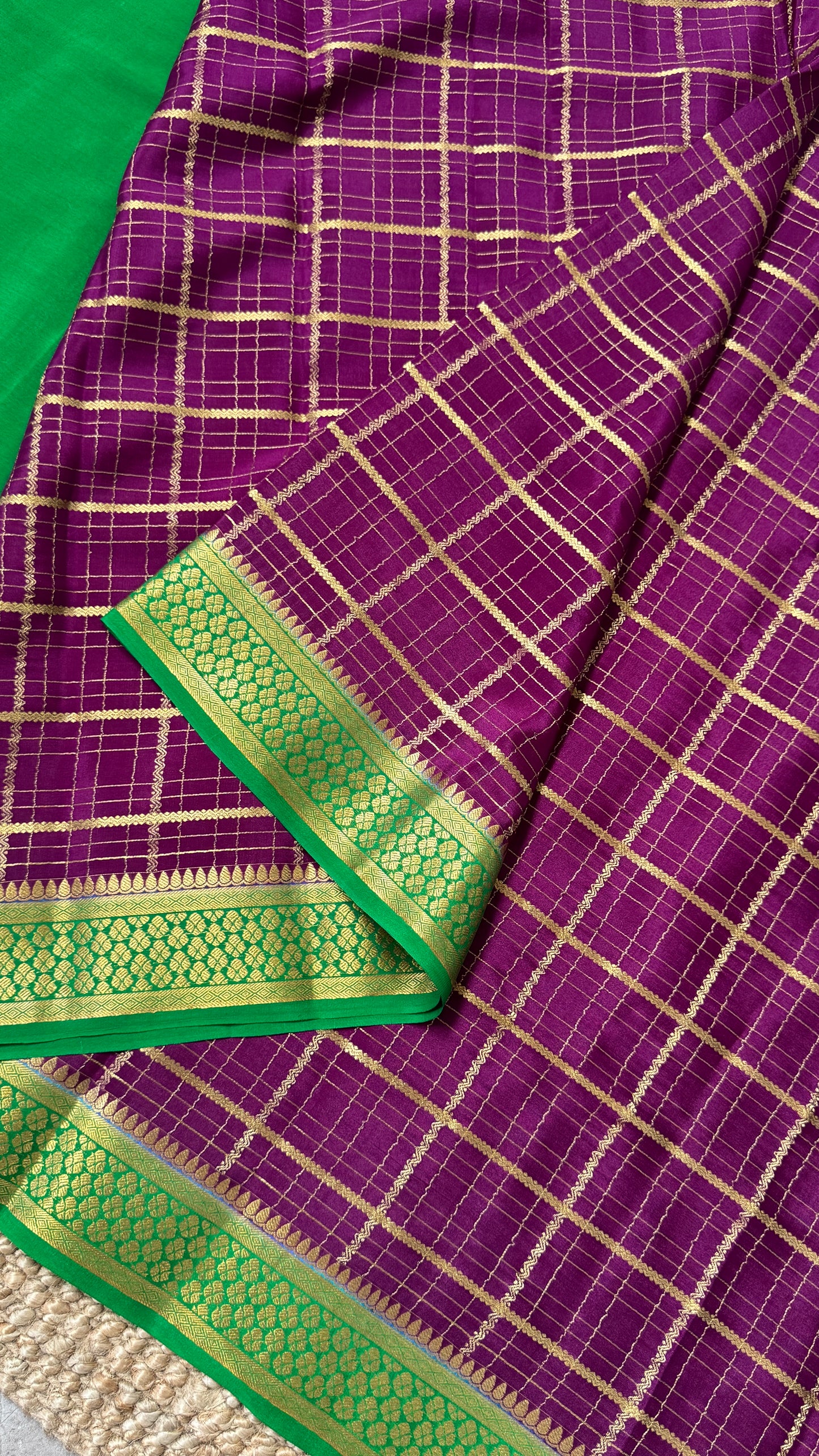 Pure Mysore Checkered Silk Sarees - Purple with Green Border