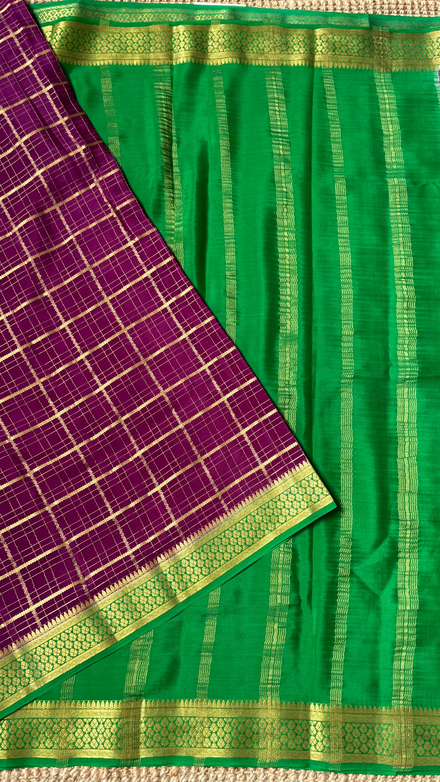 Pure Mysore Checkered Silk Sarees - Purple with Green Border