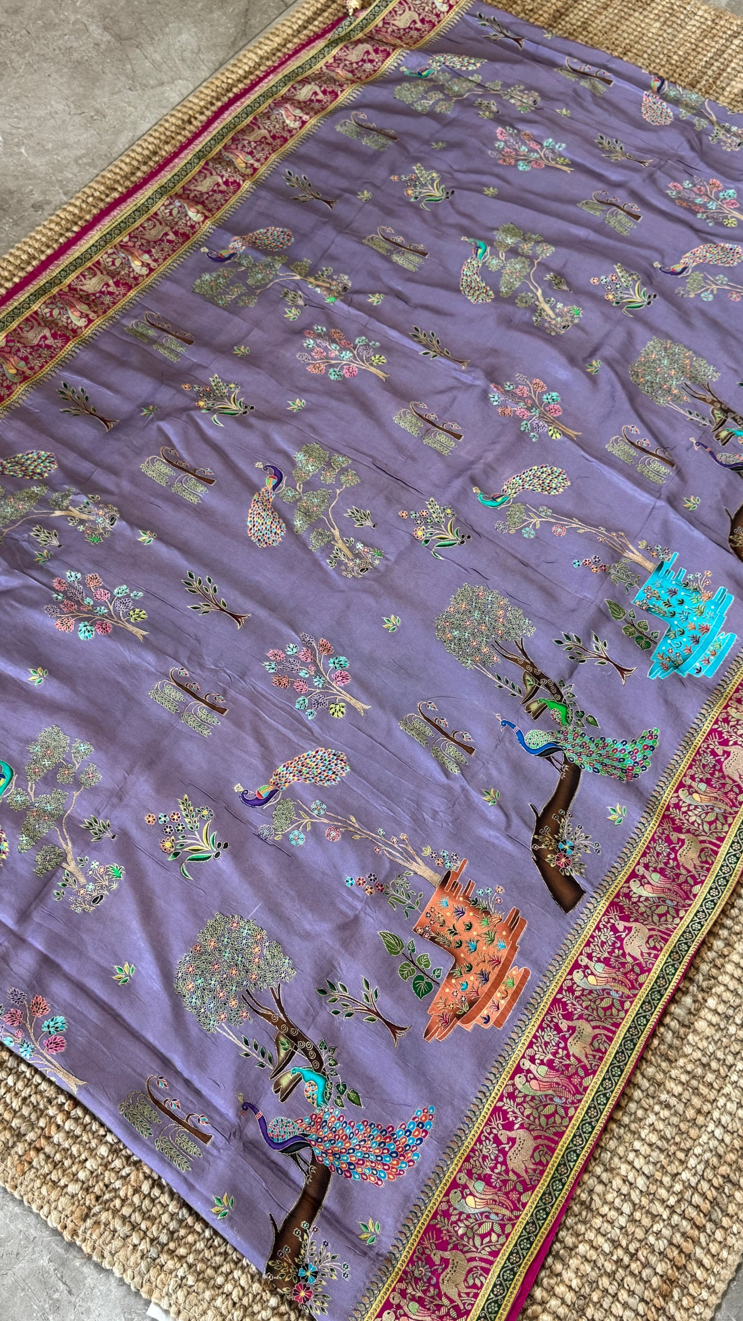 A Kashmiri Pashmina Banarasi Handwoven Storytelling Sarees on Munga Silk - Purple