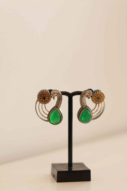 Beautiful German silver peacock design necklace set with gold and emerald color stone details