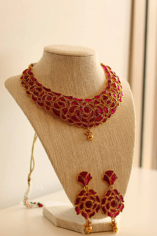 Gorgeous Gold Base Ruby Stone Rose Color Necklace set