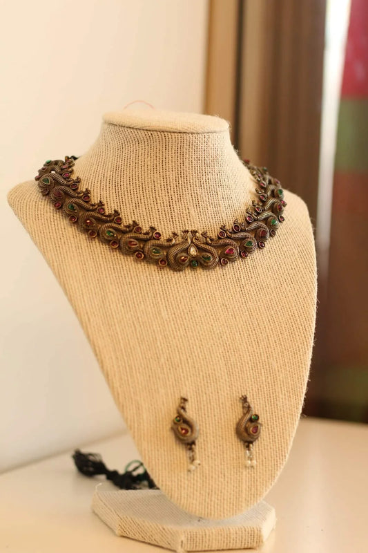 Beautiful German silver peacock design necklace set