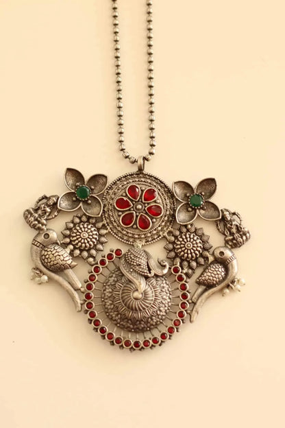 Contemporary German Silver long necklace with red and green stone work