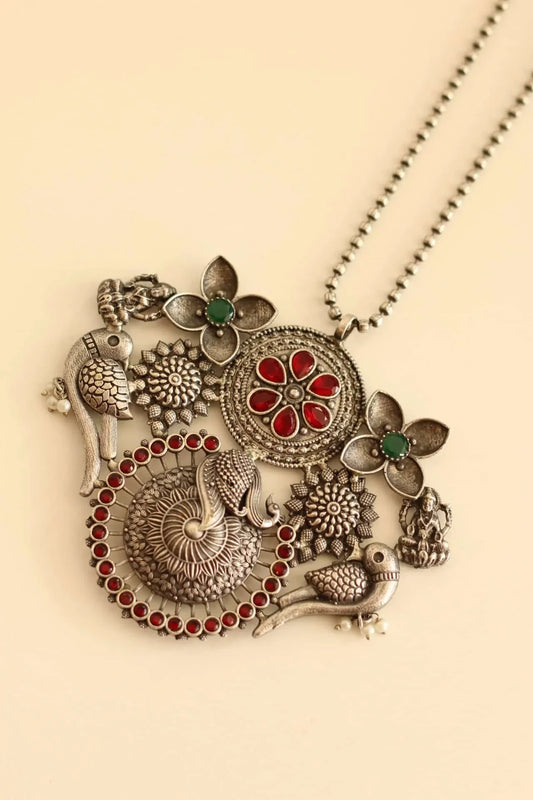 Contemporary German Silver long necklace with red and green stone work