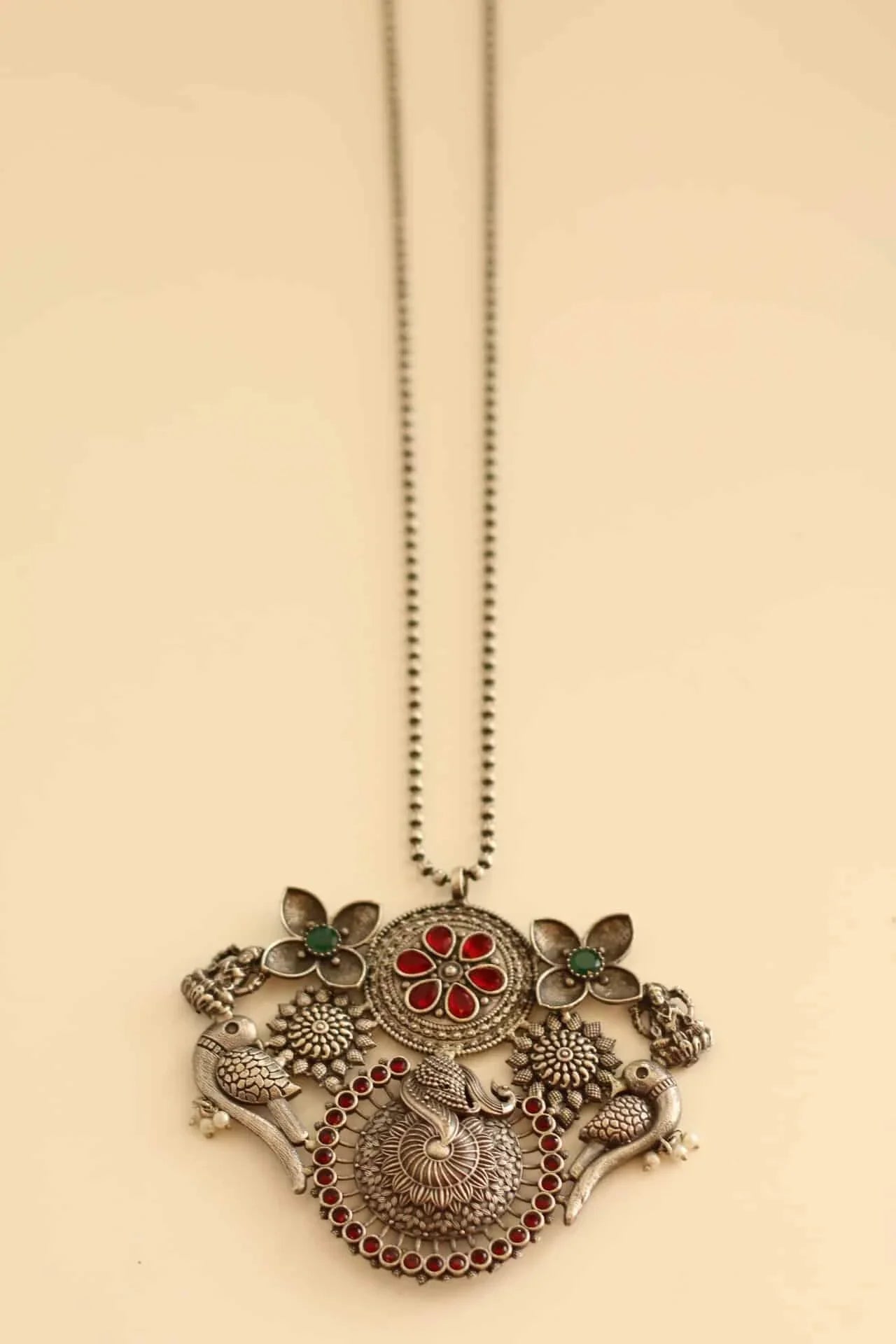 Contemporary German Silver long necklace with red and green stone work