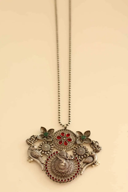 Contemporary German Silver long necklace with red and green stone work