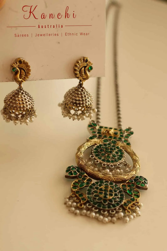 Antique German Silver long necklace with emerald green color stone work and pearl details