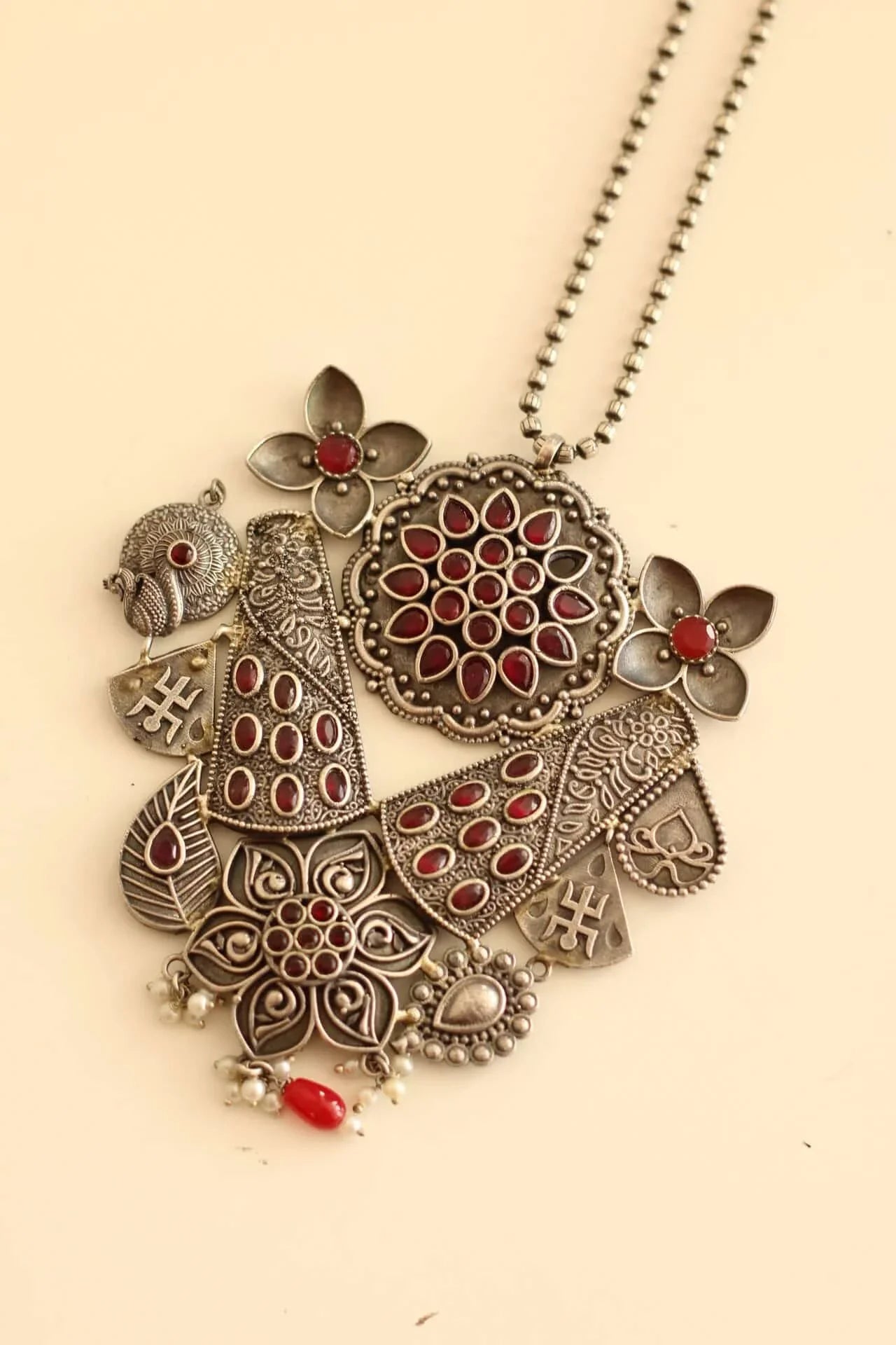 Contemporary German Silver long necklace with red stone work