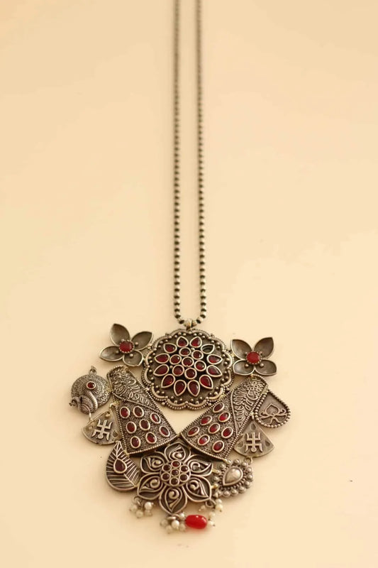 Contemporary German Silver long necklace with red and green stone work