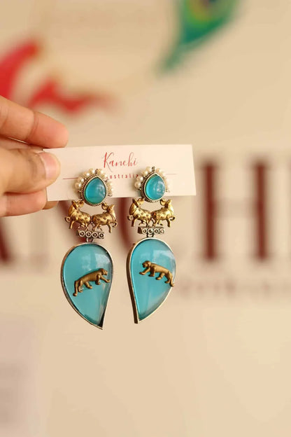 Animal Design German silver earrings with Blue stone work