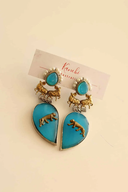 Animal Design German silver earrings with Blue stone work