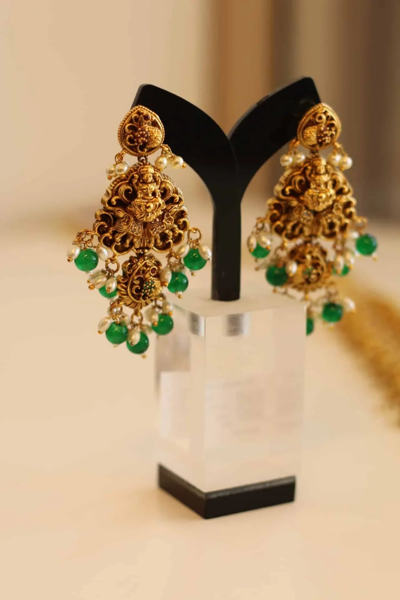 Long Bridal Temple Jewellery with pearl emerald,and ruby color stone details.