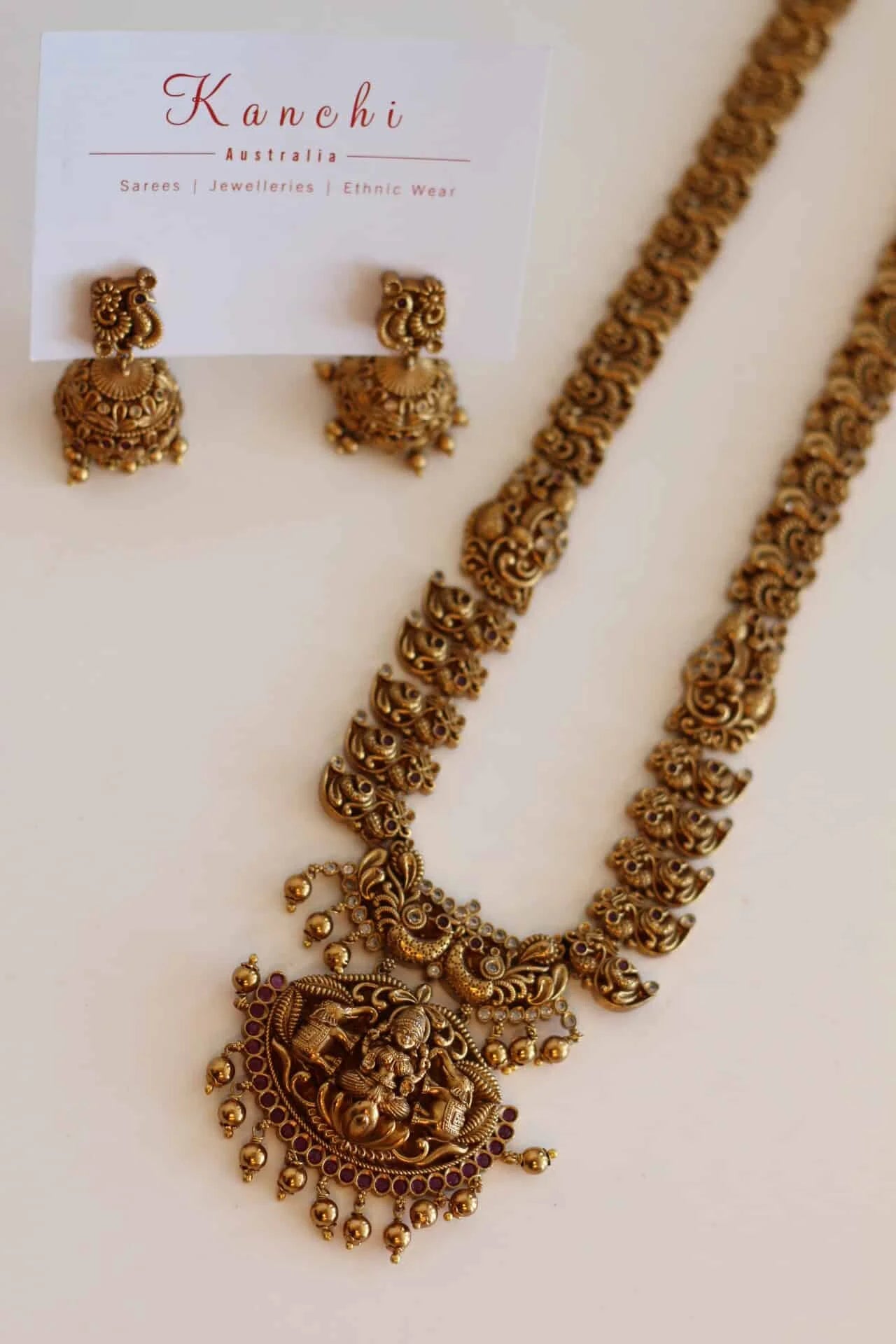 Long Bridal Temple Jewellery with ruby and white color stone