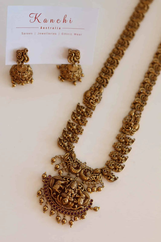 Long Bridal Temple Jewellery with ruby and white color stone