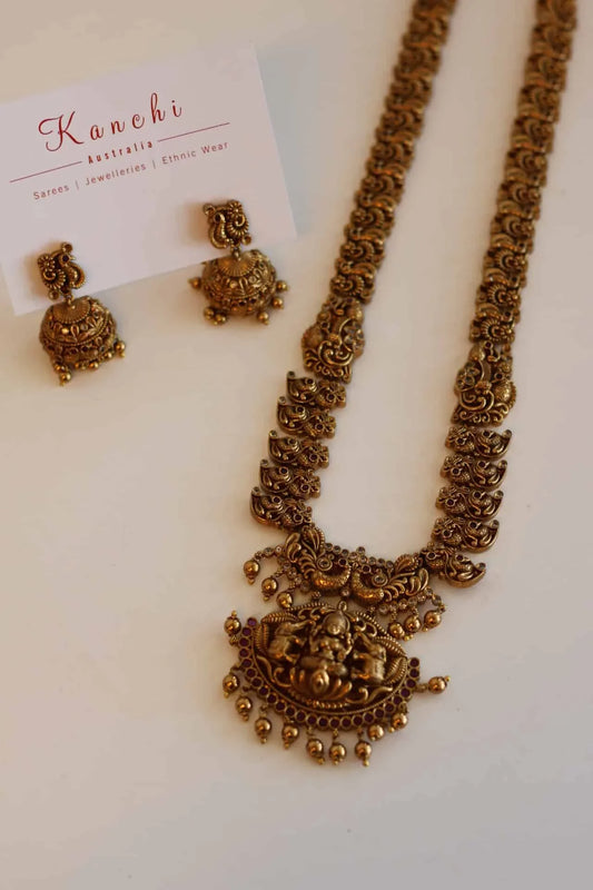 Long Bridal Temple Jewellery with ruby and white color stone