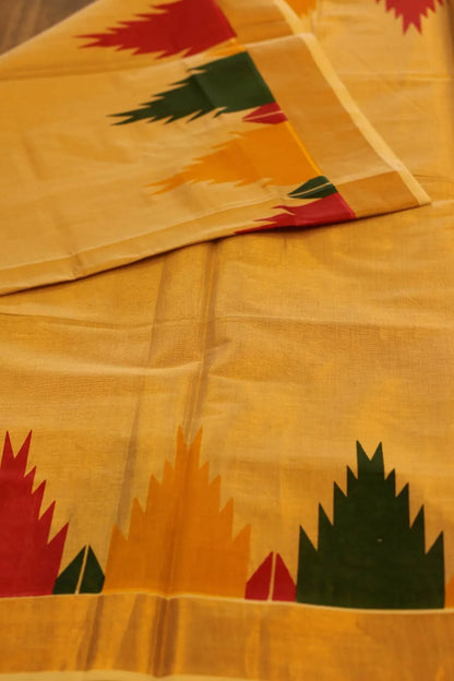 Onam saree with gold and temple border prints