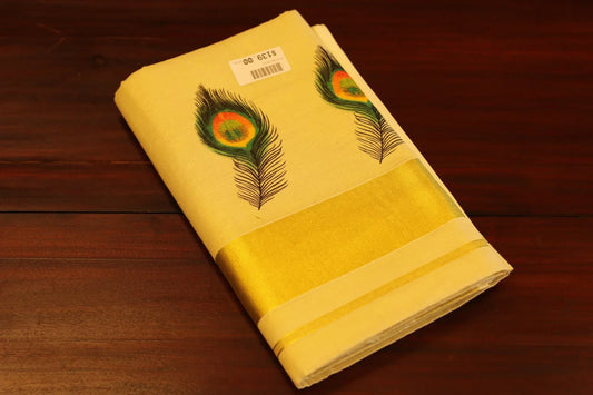 Onam saree with gold border and peacock feather design