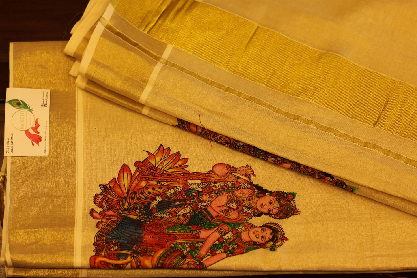 Onam Gold Printed Cotton tissue Silk Saree with Krishna prints