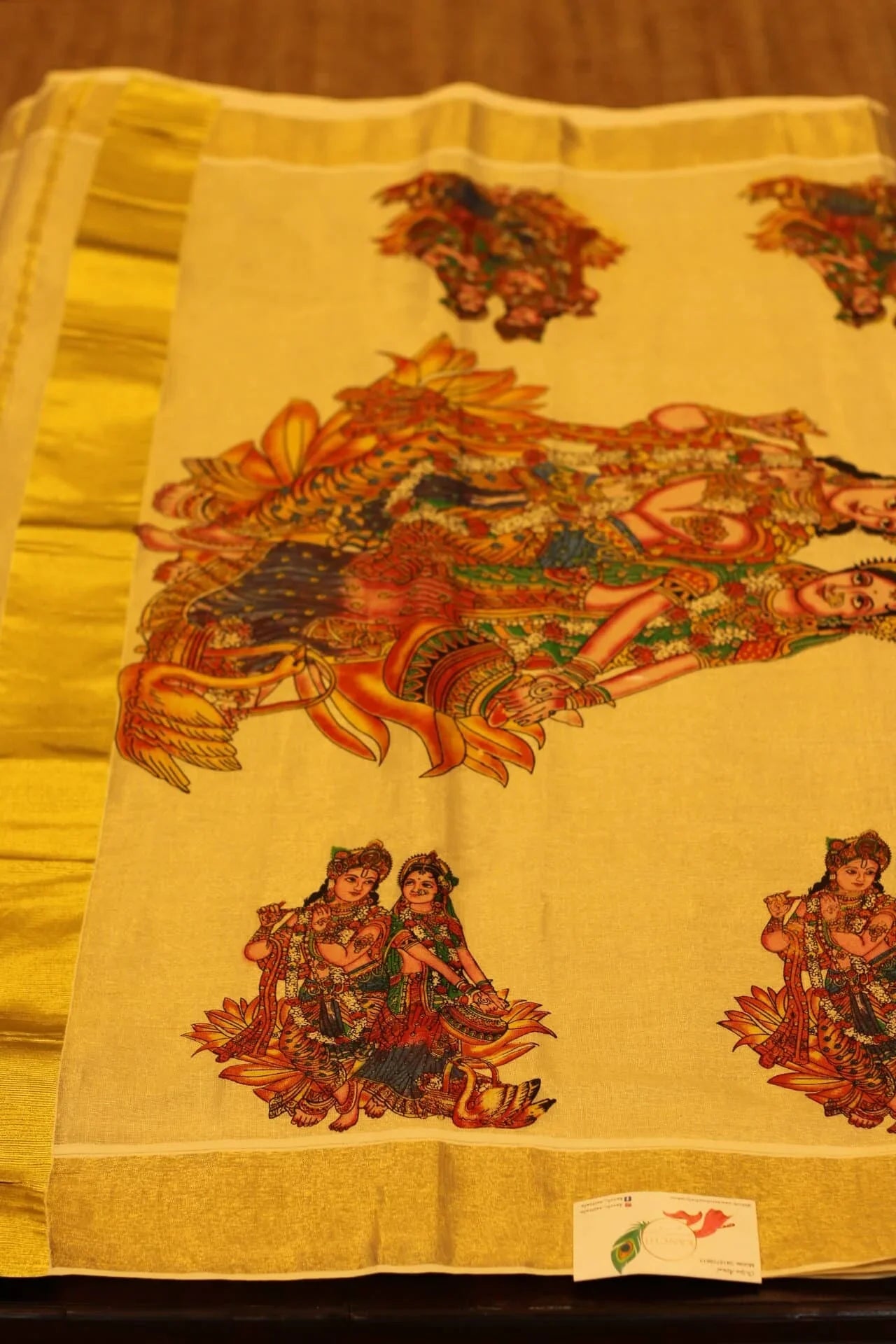 Onam Gold Printed Cotton tissue Silk Saree with Krishna prints