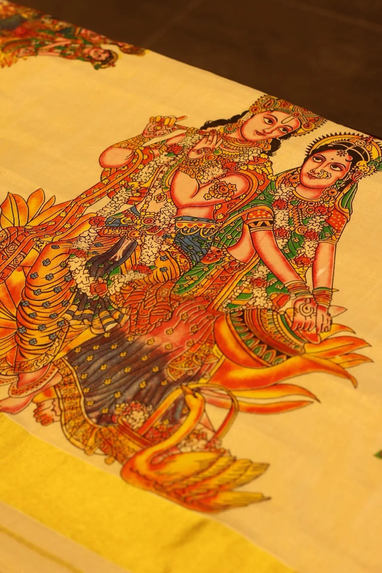 Onam Gold Printed Cotton tissue Silk Saree with Krishna prints