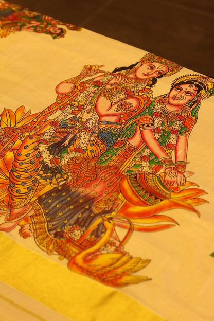 Onam Gold Printed Cotton tissue Silk Saree with Krishna prints