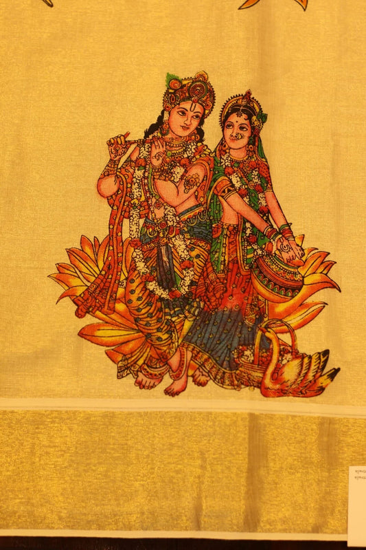 Onam Gold Printed Cotton tissue Silk Saree with Krishna prints