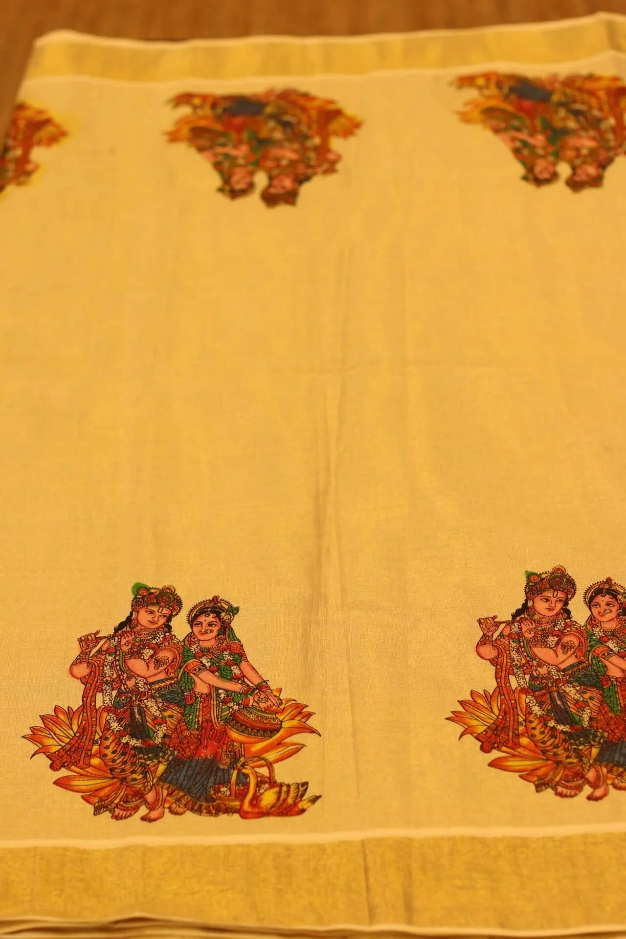 Onam Gold Printed Cotton tissue Silk Saree with Krishna prints