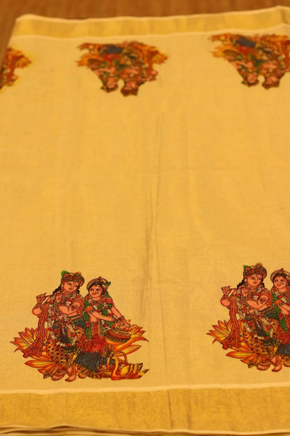 Onam Gold Printed Cotton tissue Silk Saree with Krishna prints